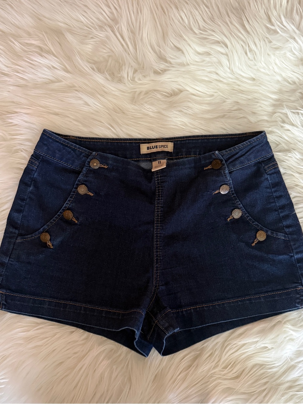 Blue Spice Navy Denim High-Rise Shorts with Button Detail